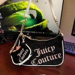 Juicy Couture Black Velour Shoulder Bag with White Trim and Gold Chain